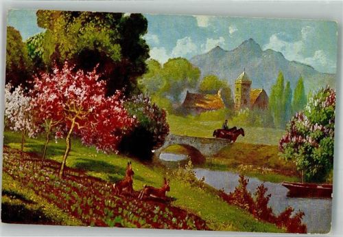 1931 Hasen unter blühenden Bäumen in einer Frühlingslandschaft Peluba 268