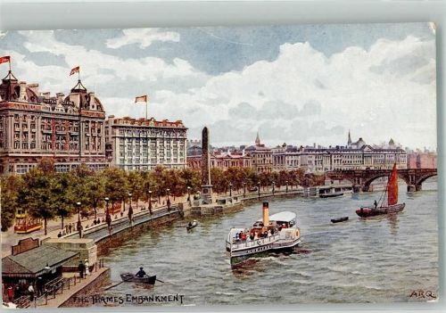 London The Thames Embankment Denkmal Radddampfer Straßenbahn