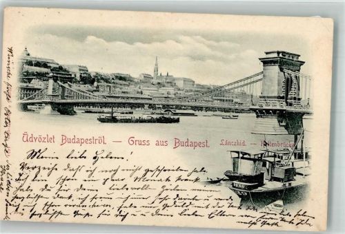 Budapest 1898 Kettenbrücke Frachtschiffe
