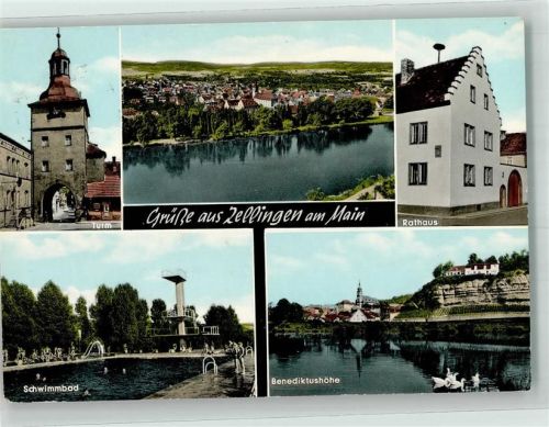 Zellingen Panorama des Ortes Schwimmbad Rathaus Stadttor Benediktushöhe Fotograf Alfred Dittmann