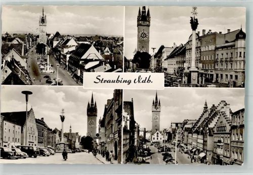 Straubing 1957 Denkmal Säule Stadtturm Auto Bahnpost Regensburg-Passau Zug 014
