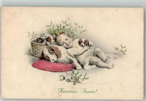 1913 Neujahr Kind Hund Welpen Mistelzweige M.M. Vienne Nr. 774