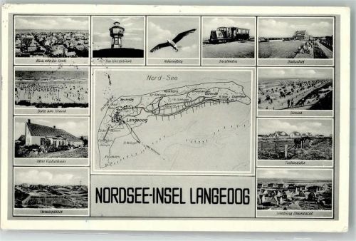 Langeoog Landkarte der Insel Ortspanorama Wasserturm Möwe Inselbahn Bahnhof Altes Fischerhaus Tennis Siedlung Blumental