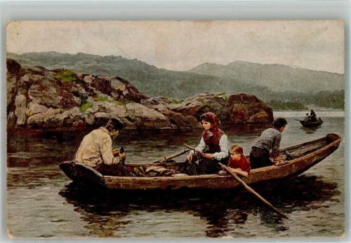 1919 sign. Ekanaes Kleine Familie auf einem Fischerboot