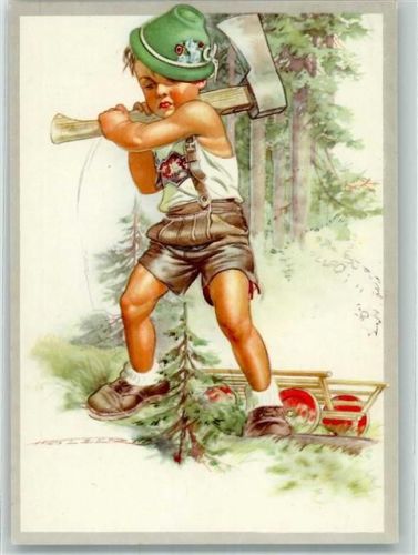 sign. Holzer Kleiner Junge mit Axt beim fällen eines winzigen Tannenbaumes Verlag Christian Pahl Nr. 1003/2