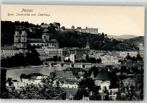 Passau Panorama der Stadt mit Dom St. Stephan Innbrücke und Veste Oberhaus Fotograf Adolph