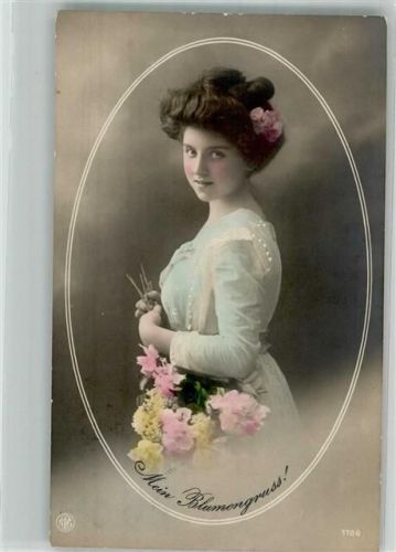 1911 Junge Frau im weißen Kleid mit Blumenstrauß No. 1706