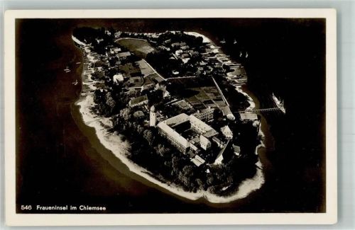 Chiemsee Fliegeraufnahme der Fraueninsel mit Abtei Frauenwörth Verlag Martin Herpich 546 Hüttenstempel