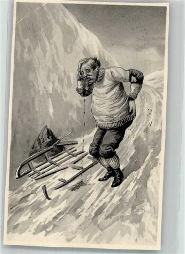 1912 Mann holt sich blutige Nase nach Unfall mit Schlitten Künstlerkarte Winter