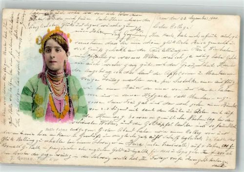 Alger 1900 Junge Frau Fatma in bunter Tracht mit reichem Goldschmuck Ort lt. Fotograf Geiser