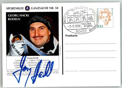 Nürnberg 1999 Portrait vom Rennrodler Georg Hackl mit Autogramm Ort lt. Sonderstempel