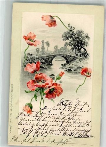1908 Mohnblumen vor einer steinernen Brücke Passepartout Erika Nr. 1441