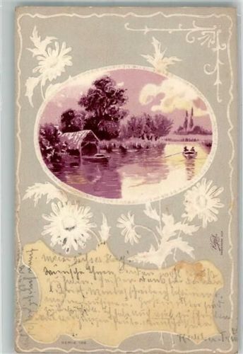 1901 Bootshaus und Ruderboot auf einem einsamen See in Sommerlandschaft