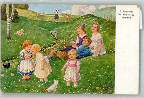 Spielende Kinder auf Blumenwiese im Mai Dresdner Künstler-Karten Verlag Abshagen Nr. 643