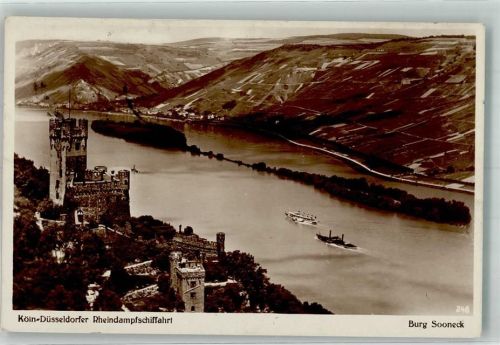 Niederheimbach 1929 Rheinschiff Raddampfer der Köln-Düsseldorfer Rheindampfschiffahrt unterhalb der Burg