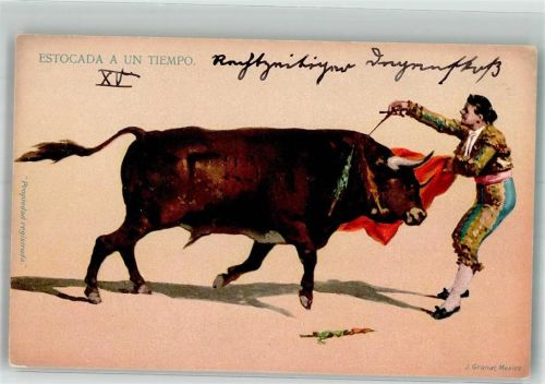 Mexikanischer Torero mit rotem Tuch sticht auf Stier ein