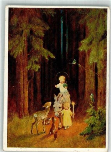 Weihnachten Christkind auf Esel mit Engel und den Tieren des Waldes Verlag Josef Müller Nr. 4604