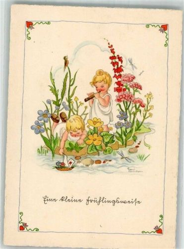 sign. Lauterborn, Liesel Kinder mit Flöte in Blumenwiese