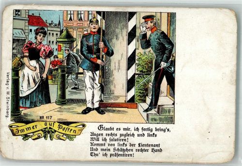 1909 Soldat des Kaiserreichs auf Wache zwischen der Liebsten und dem Leutnant Künstlerkarte Verlag Steinberg
