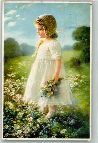 1927 Serie 2422 Mädchen im weißen Kleid pflückt Feldblumen Künstlerkarte
