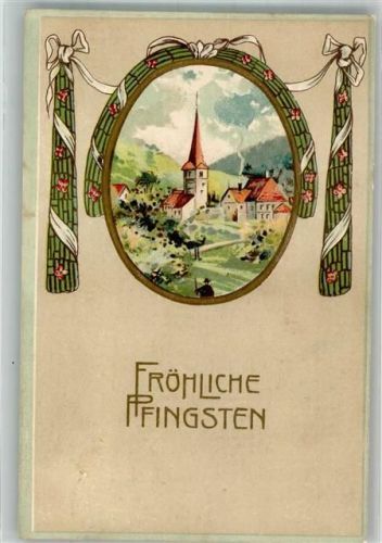 1911 Eine Kirche in einem kleinen Dorf in sommerlicher Landschaft Jugendstil