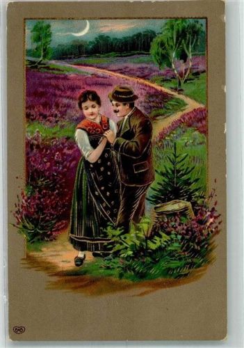 1910 Verliebtes Paar im Mondschein in der Heide Tracht Poesie / Liebe Künstlerkarte