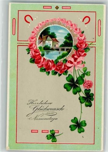 1914 Brücke in Sommerlandschaft Rosen Glücksklee Hufeisen Jugendstil HWB Serie 1951