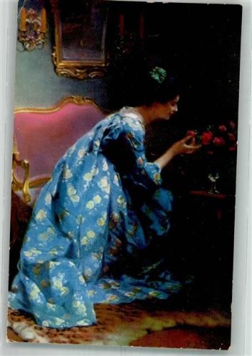 1922 Junge Frau im blauen Kleid riecht an duftenden Rosen Geisha Serie 2617