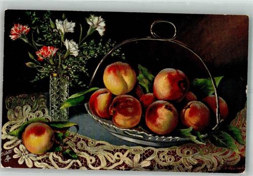 1909 Stilleben mit einer Schale mit Aprikosen und Nelken in einer Vase Oilette No. 597B