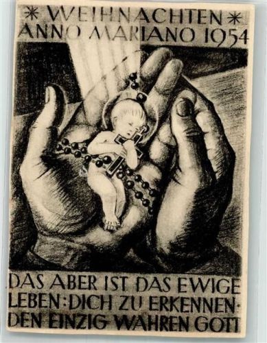 1954 Weihnachten Hände halten Rosenkranz Christuskind und Kreuz Künstlerkarte Karte beschnitten