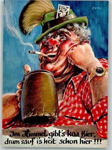 Bayerischer Mann mit Trachtenhut Bierkrug und Zigarette Humor