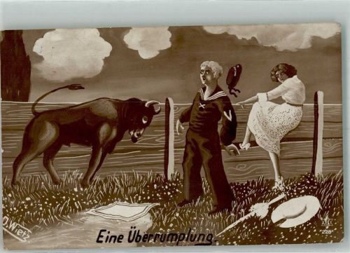 1917 sign. Wietz Matrose und seine Liebste werden von Stier überrascht