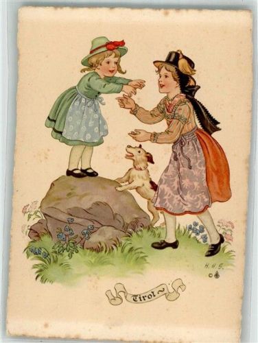 sign. Helwig-Goerke Mädchen in Tiroler Tracht Hund Verlag Josef Müller Nr. 5513