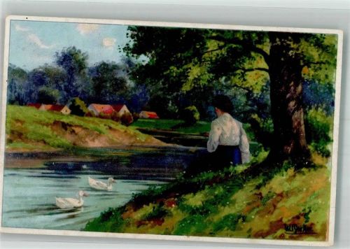 Frau am Fluss Enten sign. Gerster Delila