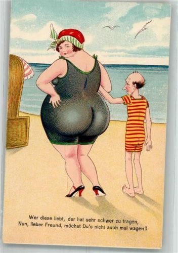 Große beleibte Frau mit kleinem dünnen Mann am Strand Humor Bademode HWB Serie 3060