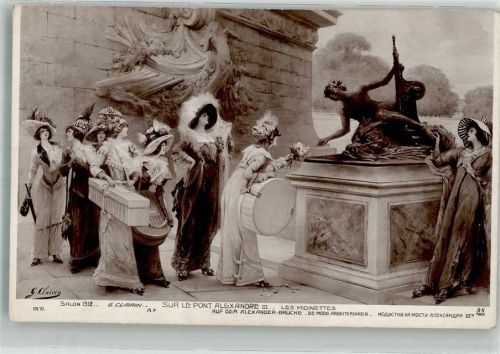 Paris sign. Clairin Elegante Damen auf der Alexanderbrücke Salon 1912 Verlag A. Noyer 1571