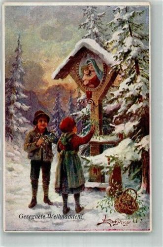 1924 sign. Schweiger Weihnachten Zwei Kinder vor einem Bildstock im Winterwald