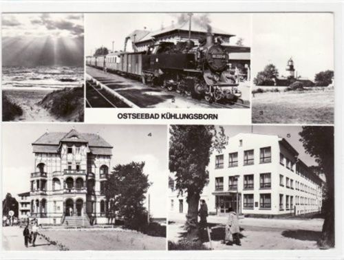 Kühlungsborn Ostseebad Kühlungsborn mit Strand, Molli auf dem Bahnhof Kühlungsborn West, Leuchtturm, Blick zum FDGB-Erholungsheim Schloß am Meer und VEB Energieversorgung Karl-Marx-Stadt gelaufen 1924. Top Erhaltung.