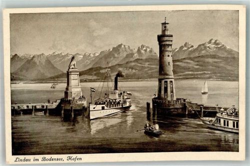 Lindau Hafen Einfahrt Löwe Turm Leuchtturm Segelboot Raddampfer Boot Fahne Ruderboot