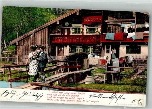 1903 Verliebtes Paar in Tracht vor einem Bauernhaus Wäsche waschen Verlag Purger & Co. 2529