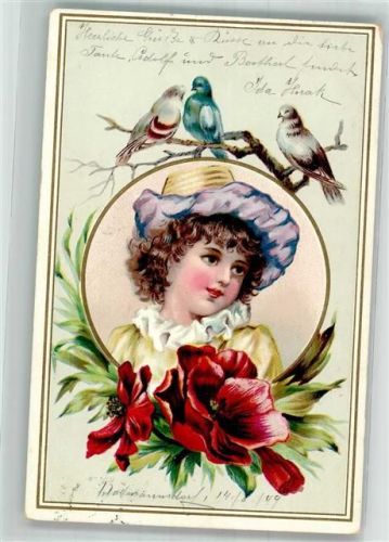 1899 Kinderportrait mit roten Blumen und Vögeln