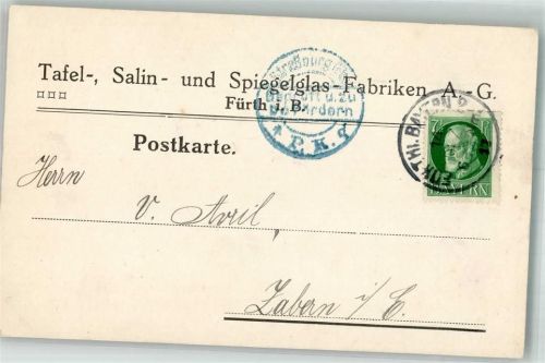 Fürth 1917 Geschäftskorrespondenz Tafel- Salin- und Spiegelglas-Fabriken ATG Zensurstempel