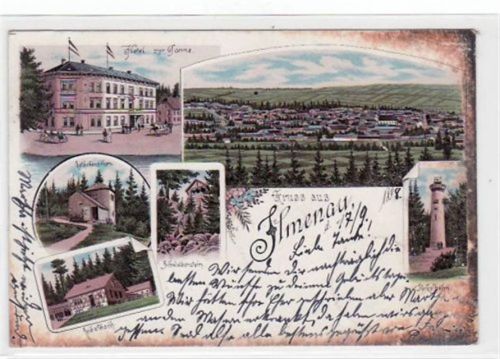 Ilmenau Gruß aus Ilmenau mit Hotel zur Tanne, Göthehäuschen, Schwalbenstein, Gabelbach, Kickelhahn und Gesamtansicht gelaufen von 1898 kleiner Knick oben rechts, Oxydationsspuren an den Rändern, leichter Stempeldurchdruck, sonst gut erhalten.