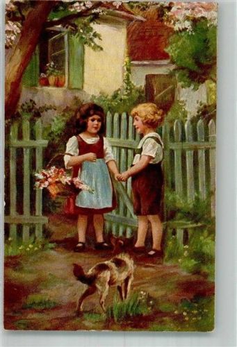 1920 sign. Laube Zwei Kinder mit Hund im Bauerngarten Kinderpoesie WSSB Meistergalerie Nr. 6303