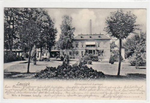Bad Lausigk Bad Lausigk mit Kurhaus Hermannsbad gelaufen von 1902. Ecken mit Albumabdrücken, sonst gut erhalten.