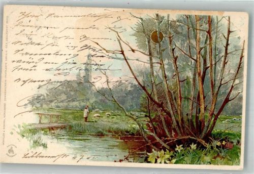 1899 Schäfer mit seiner Schafherde in Auenlandschaft Sonnenschein-Postkarte Serie IX Nr. 99119 Lithographie/Künstlerkarte