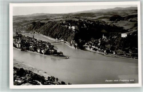 Passau 1938 Fliegeraufnahme vom Dreiflüsseeck mit Veste Ober- und Niederhaus