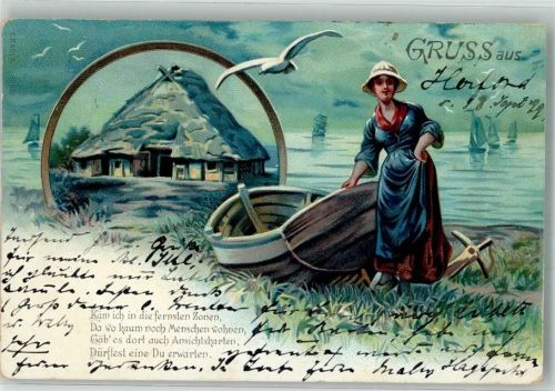 1899 Junge Frau mit Ruderboot und Anker vor Reetgedecktem Haus am Meer Lithographei/Künstlerkarte