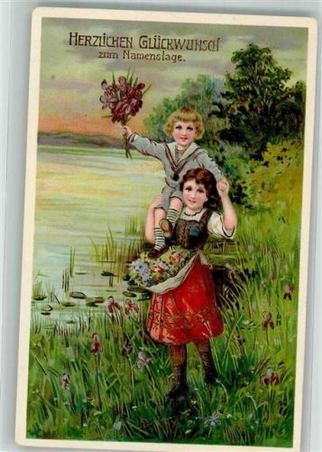 1914 Mädchen mit Jungen auf den Schultern und einem Strauß Veilchen E.A.S.
