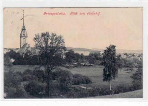 Grosspostwitz mit Blick vom Bahnhof. Feldpost, mit Stempel von 1916. Leichte Stempelspuren, kleine Abschürfung unten links, leicht stockfleckig, sonst gut erhalten.
